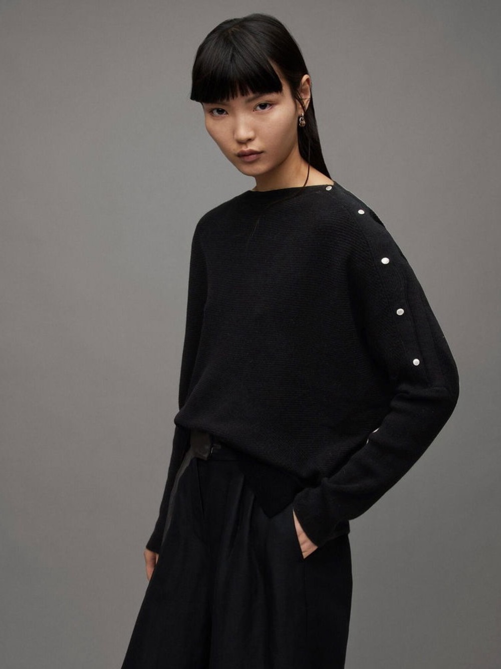 All Saints Raven Wool Cashmere Blend Jumper M Black Sweater Boatneck Studs Edgy